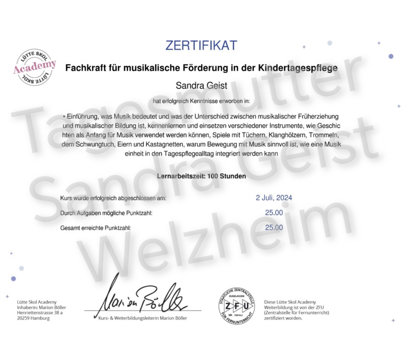 Zertifikat zur musikalischen Förderung